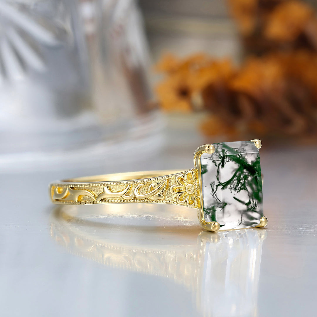 14K Solid Gold Solitaire 2CT Emerald Cut Filigreed Moss Agate Bridal Ring Baroque-inspired Women Ring