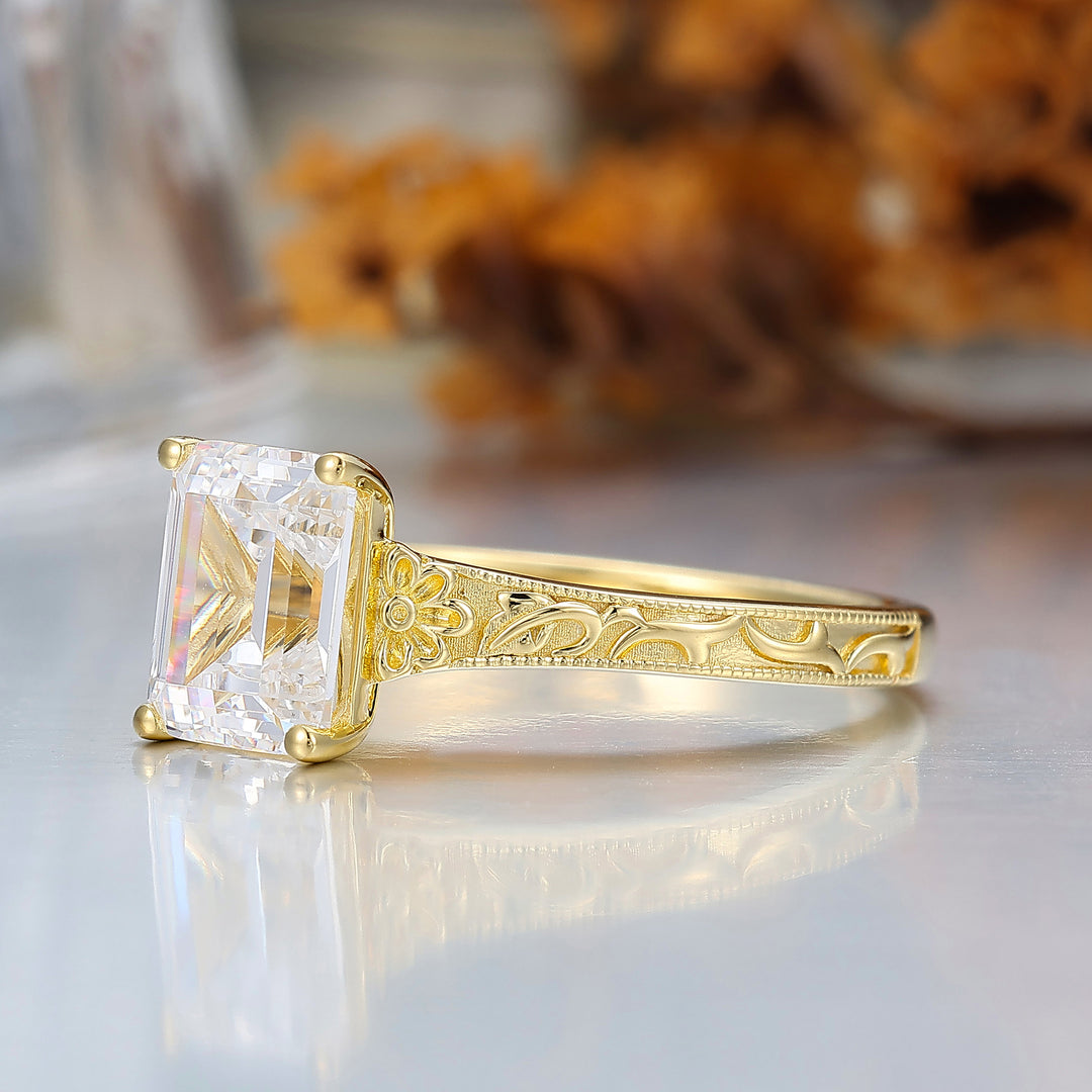 14K Solid Gold Solitaire 2CT Emerald Cut Filigreed Moissanite Bridal Ring Baroque-inspired Women Ring