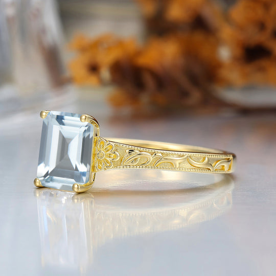 14K Solid Gold Solitaire 2CT Emerald Cut Filigreed Aquamarine Bridal Ring Baroque-inspired Women Ring
