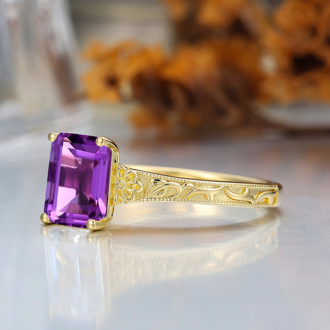14K Solid Gold Solitaire 2CT Emerald Cut Filigreed Amethyst Bridal Ring Baroque-inspired Women Ring