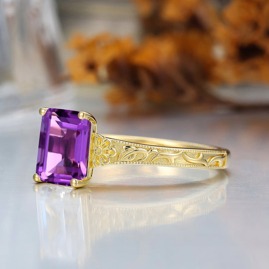 14K Solid Gold Solitaire 2CT Emerald Cut Filigreed Amethyst Bridal Ring Baroque-inspired Women Ring