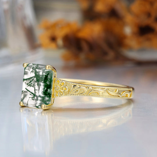 14K Solid Gold Solitaire 2CT Emerald Cut Filigreed Moss Agate Bridal Ring Baroque-inspired Women Ring