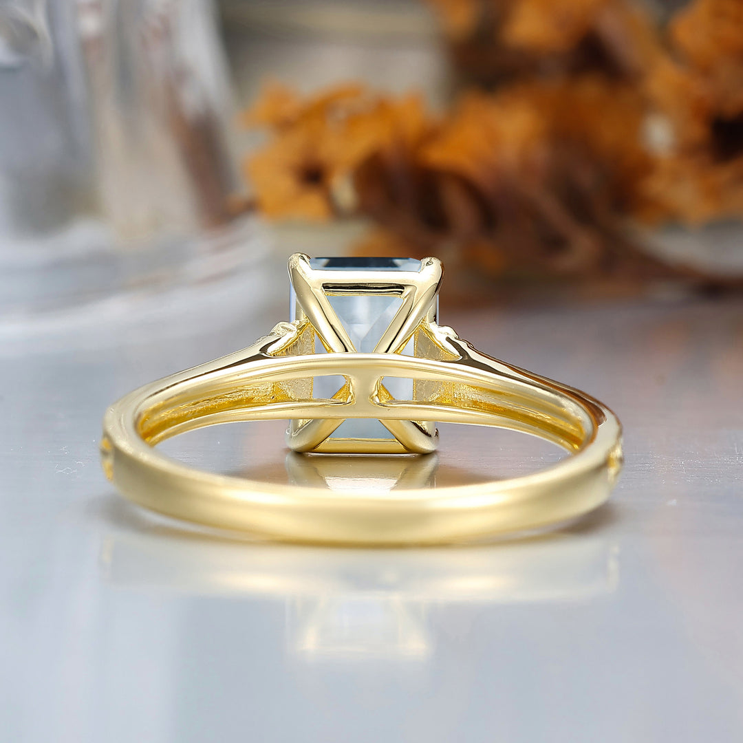 14K Solid Gold Solitaire 2CT Emerald Cut Filigreed Aquamarine Bridal Ring Baroque-inspired Women Ring