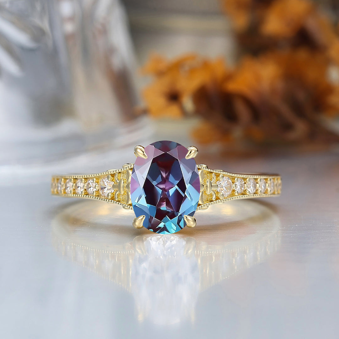 Solid Yellow Gold Vintage Oval Cut Alexandrite Engagement Ring Carved Vine Bridal Ring