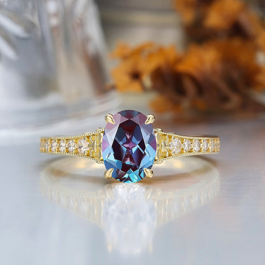 Solid Yellow Gold Vintage Oval Cut Alexandrite Engagement Ring Carved Vine Bridal Ring