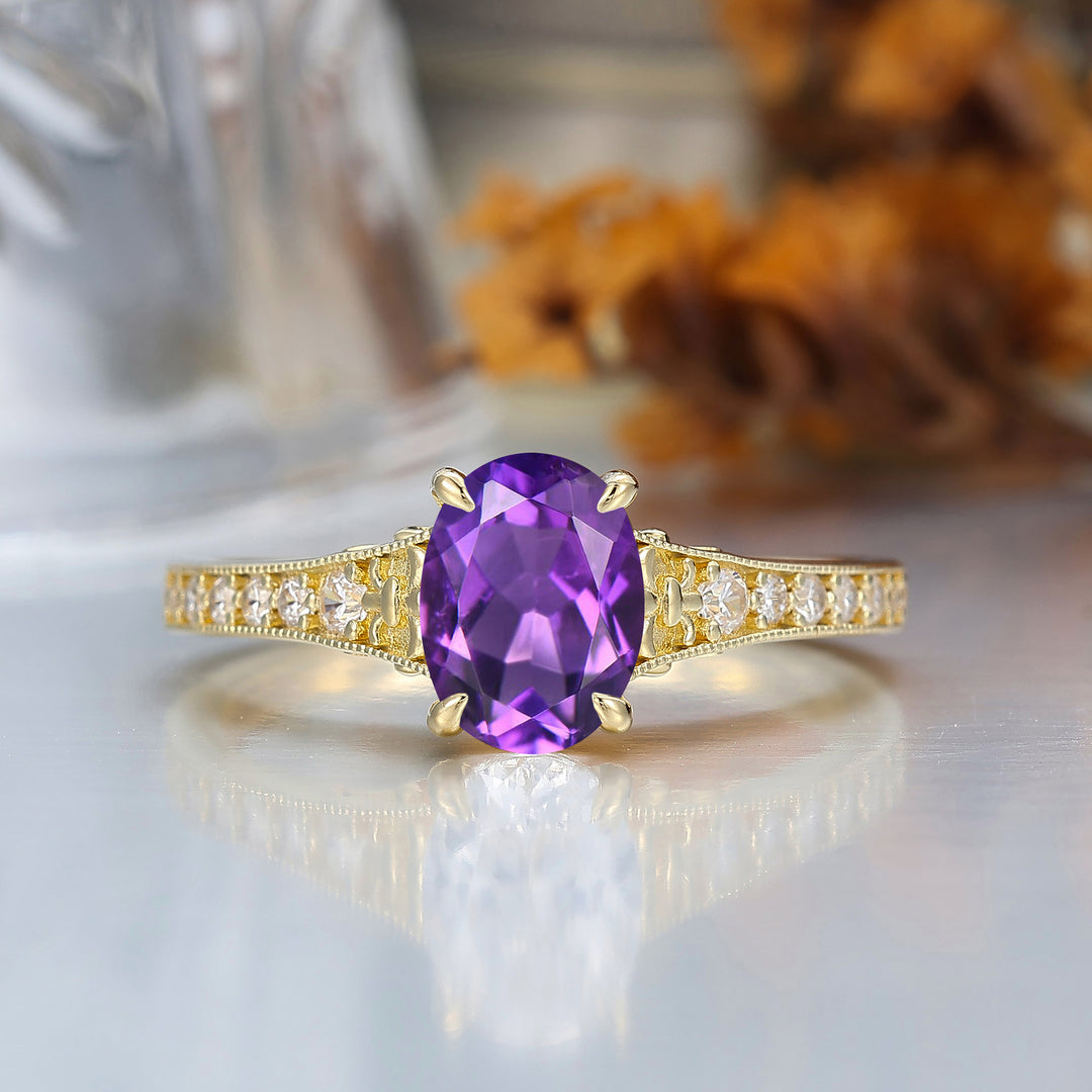 Oval Cut Amethyst Wedding Ring Filigree 14k Gold Women Ring Prong Setting Bridal Ring