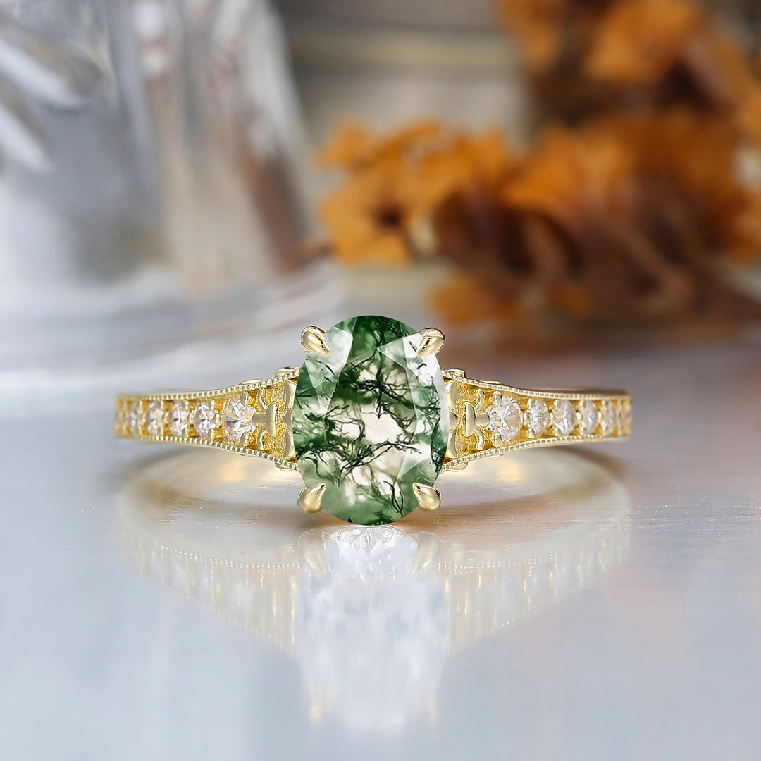Antique Floral Engraved Oval Cut Moss Agate Engagement Ring Solid Yellow Gold Wedding Ring