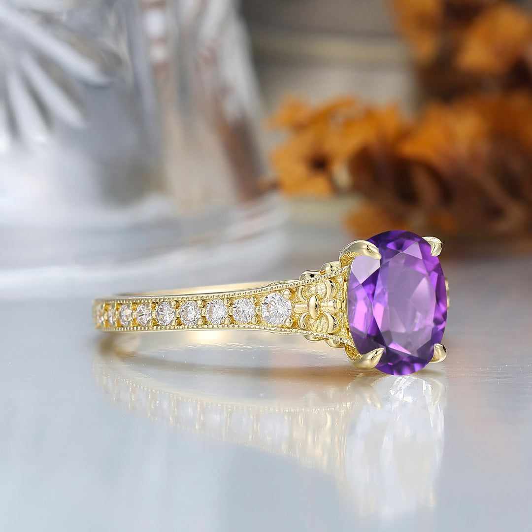 Oval Cut Amethyst Wedding Ring Filigree 14k Gold Women Ring Prong Setting Bridal Ring