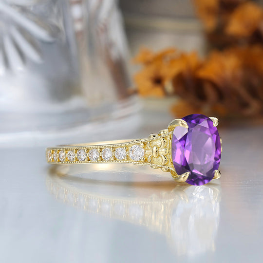 Oval Cut Amethyst Wedding Ring Filigree 14k Gold Women Ring Prong Setting Bridal Ring