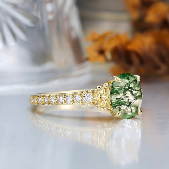 Antique Floral Engraved Oval Cut Moss Agate Engagement Ring Solid Yellow Gold Wedding Ring