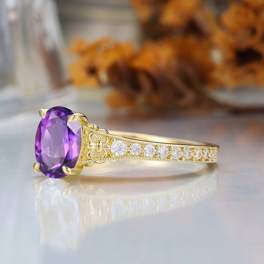 Oval Cut Amethyst Wedding Ring Filigree 14k Gold Women Ring Prong Setting Bridal Ring