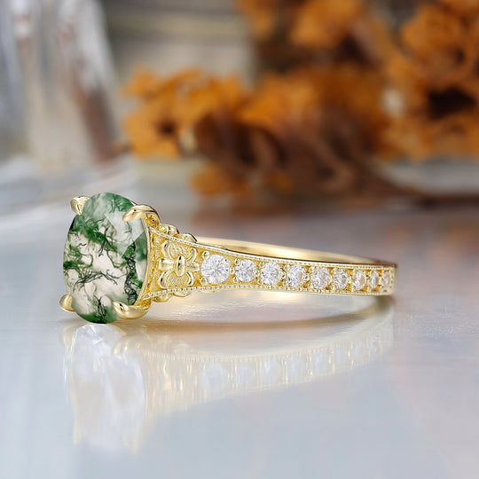Antique Floral Engraved Oval Cut Moss Agate Engagement Ring Solid Yellow Gold Wedding Ring