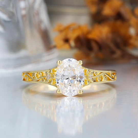14k Gelbgold Verzierter Filigran-Ring Vintage Ovaler Moissanit Verlobungsring Mit Eingraviertem Weinranken-Design Braut-Ring