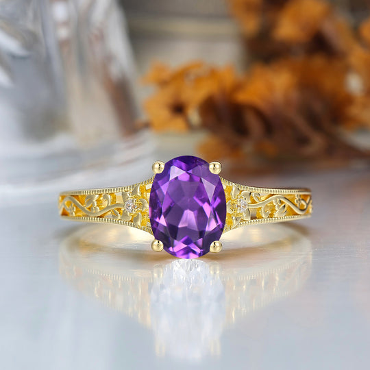 14k Yellow Gold Ornate Filigree Shank Ring Vintage Oval Cut Natural Amethyst Engagement Rings Carved Vine Bridal Ring
