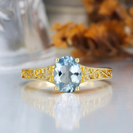 14k Yellow Gold Ornate Filigree Shank Ring Vintage Oval Cut Aquamarine Engagement Rings Carved Vine Bridal Ring