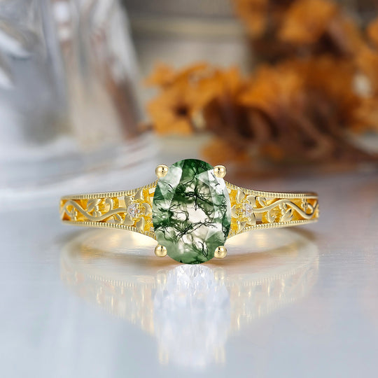 14k Yellow Gold Ornate Filigree Shank Ring Vintage Oval Cut Natural Moss Agate Engagement Rings Carved Vine Bridal Ring