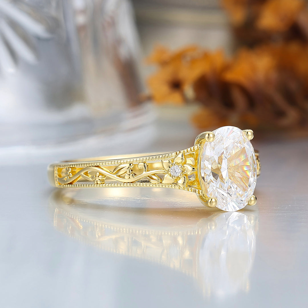14k Gelbgold Verzierter Filigran-Ring Vintage Ovaler Moissanit Verlobungsring Mit Eingraviertem Weinranken-Design Braut-Ring