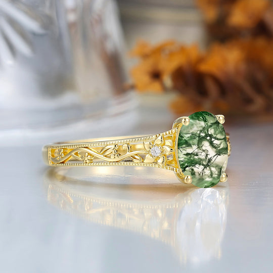 14k Yellow Gold Ornate Filigree Shank Ring Vintage Oval Cut Natural Moss Agate Engagement Rings Carved Vine Bridal Ring
