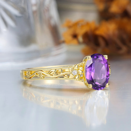 14k Yellow Gold Ornate Filigree Shank Ring Vintage Oval Cut Natural Amethyst Engagement Rings Carved Vine Bridal Ring