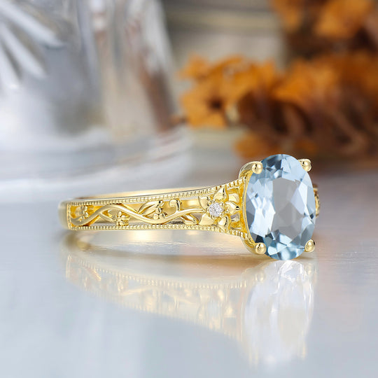14k Yellow Gold Ornate Filigree Shank Ring Vintage Oval Cut Aquamarine Engagement Rings Carved Vine Bridal Ring