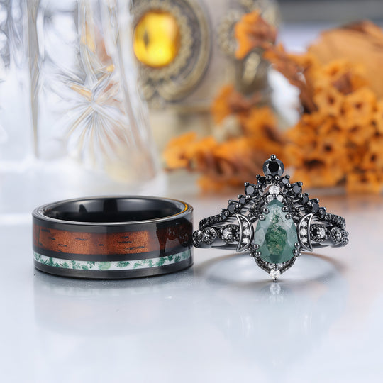 Vintage Black Plated Natural Moss Agate Pear Black Obsidian Couples Ring Set -  Esdomera.com