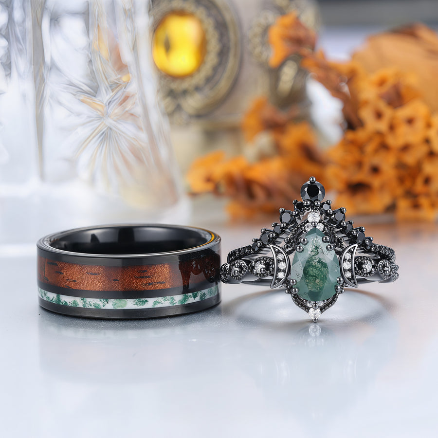 Vintage Black Plated Natural Moss Agate Pear Black Obsidian Couples Ring Set -  Esdomera.com