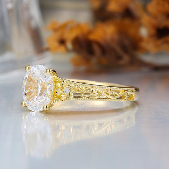 14k Gelbgold Verzierter Filigran-Ring Vintage Ovaler Moissanit Verlobungsring Mit Eingraviertem Weinranken-Design Braut-Ring