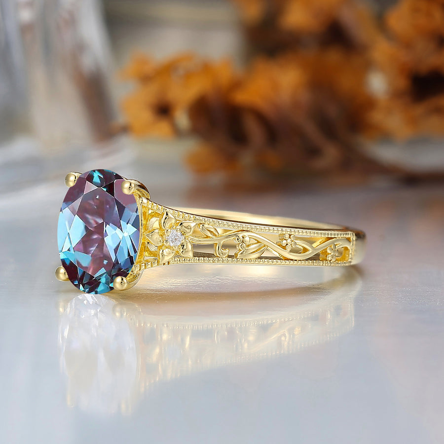 14k Yellow Gold Ornate Filigree Shank Ring Vintage Oval Cut Alexandrite Engagement Rings Carved Vine Bridal Ring