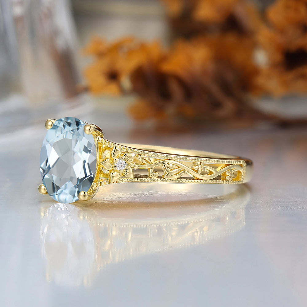 14k Yellow Gold Ornate Filigree Shank Ring Vintage Oval Cut Aquamarine Engagement Rings Carved Vine Bridal Ring