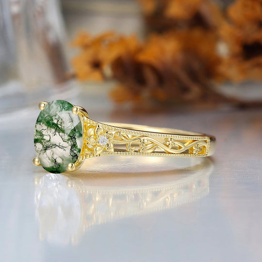 14k Yellow Gold Ornate Filigree Shank Ring Vintage Oval Cut Natural Moss Agate Engagement Rings Carved Vine Bridal Ring