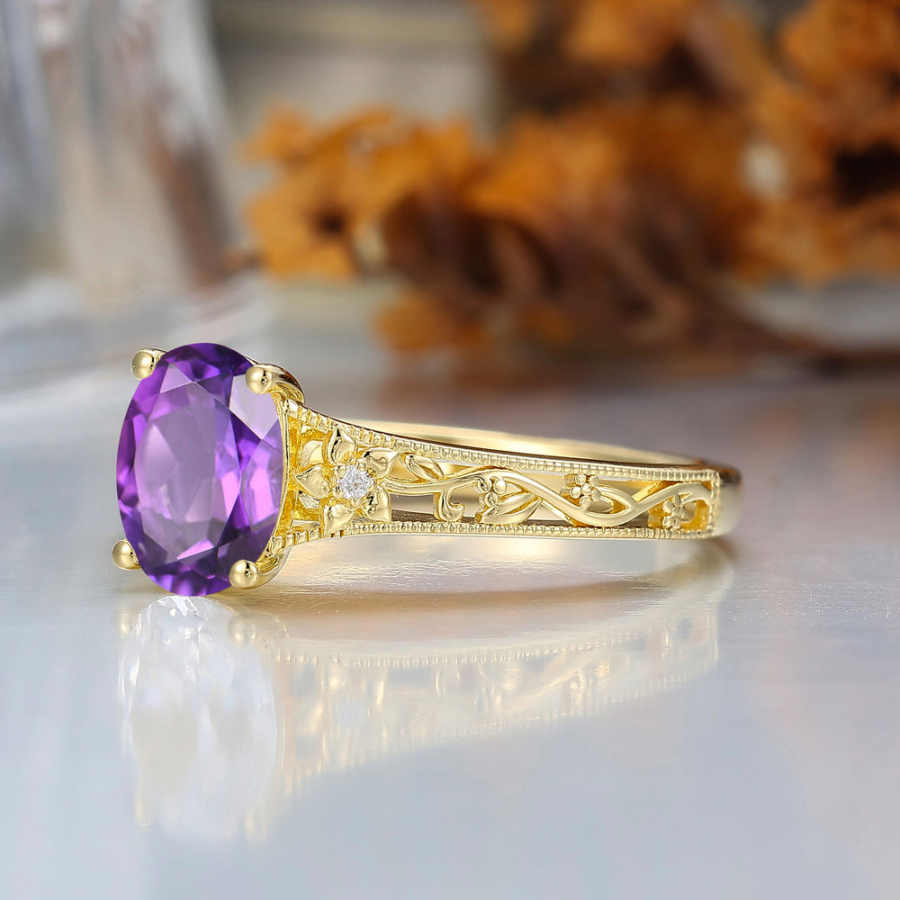 14k Yellow Gold Ornate Filigree Shank Ring Vintage Oval Cut Natural Amethyst Engagement Rings Carved Vine Bridal Ring