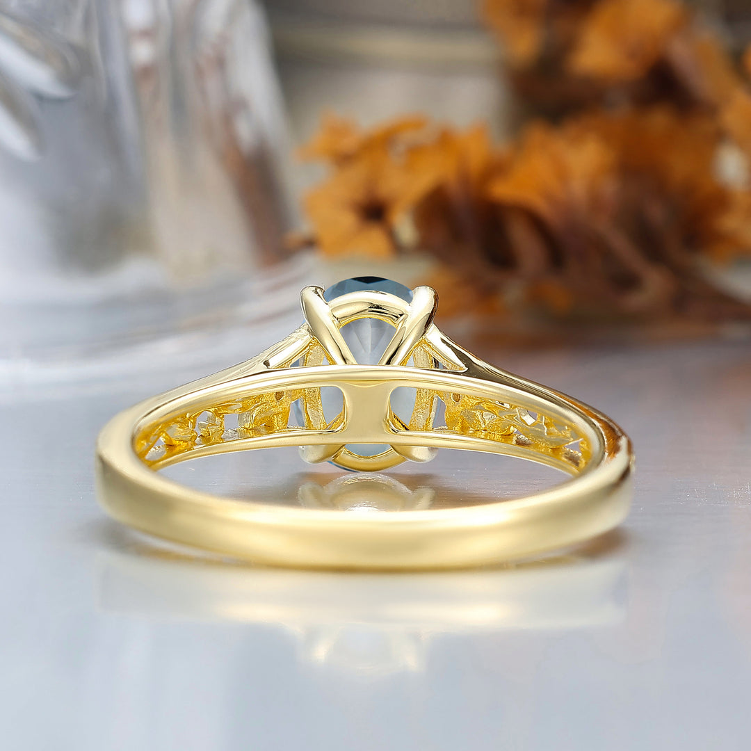 14k Yellow Gold Ornate Filigree Shank Ring Vintage Oval Cut Aquamarine Engagement Rings Carved Vine Bridal Ring