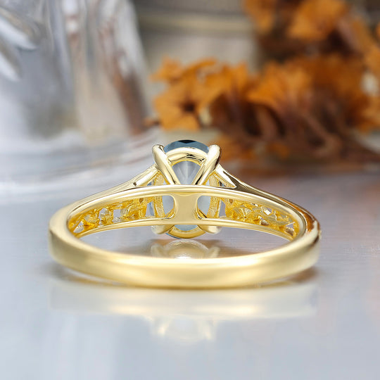 14k Yellow Gold Ornate Filigree Shank Ring Vintage Oval Cut Aquamarine Engagement Rings Carved Vine Bridal Ring