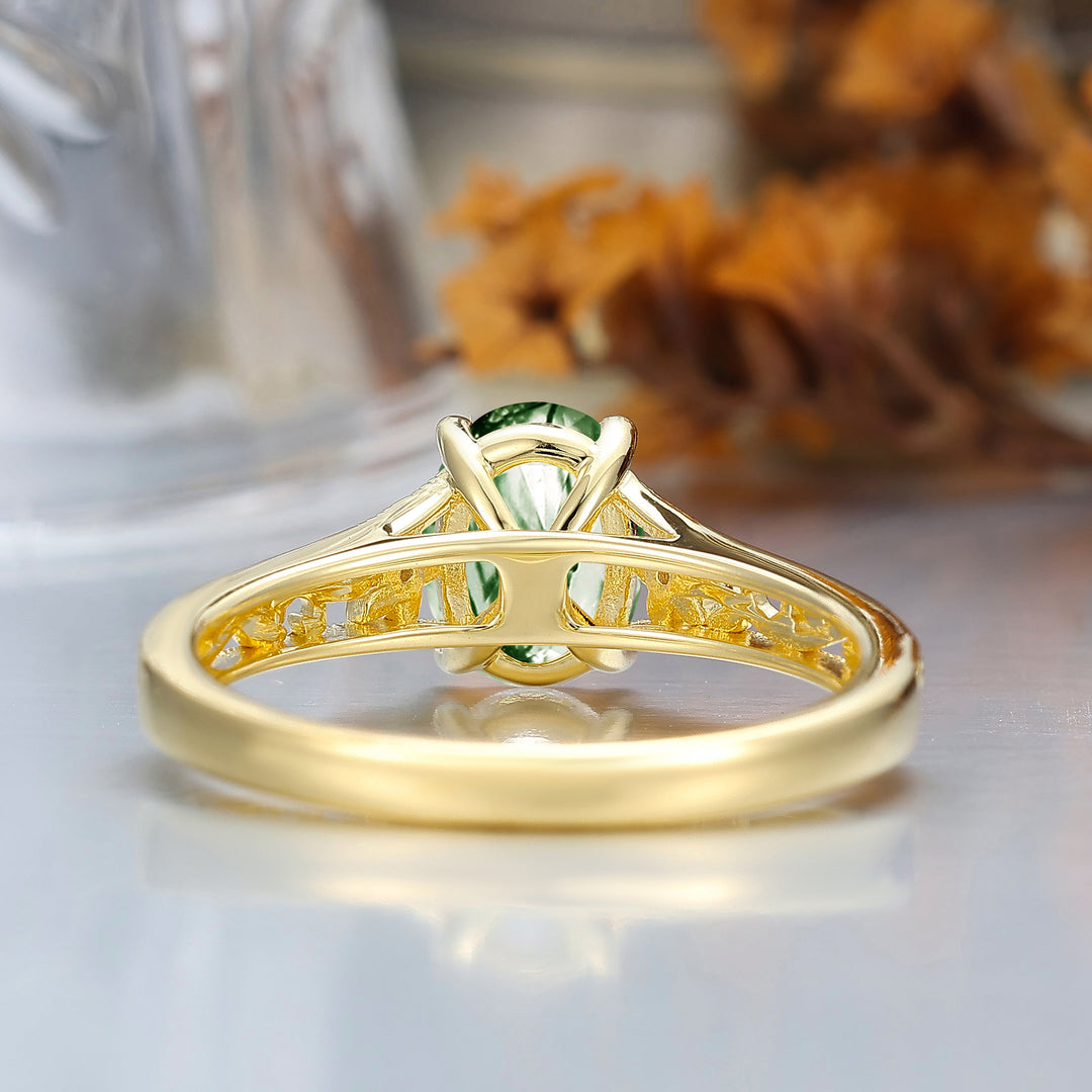 14k Yellow Gold Ornate Filigree Shank Ring Vintage Oval Cut Natural Moss Agate Engagement Rings Carved Vine Bridal Ring