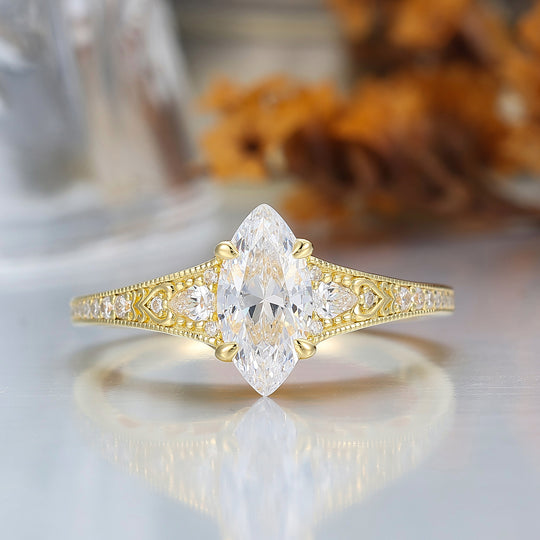 Vintage Marquise Cut Moissanite Filigree Setting Ring Solid Yellow Gold Wedding Ring For Her