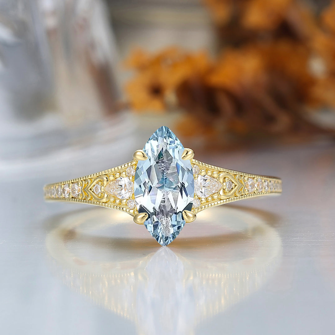 Vintage Marquise Cut Aquamarine Filigree Setting Ring Solid Yellow Gold Wedding Ring
