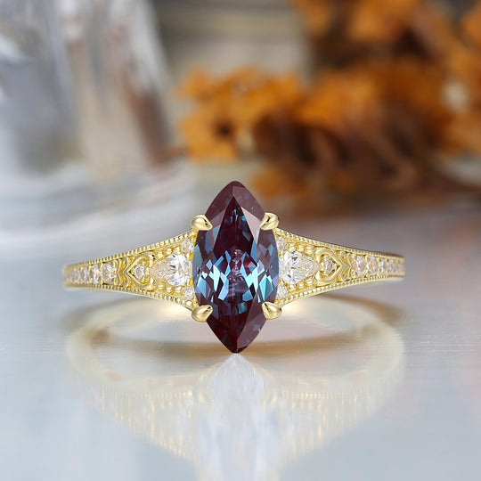 Vintage Marquise Cut Alexandrite Filigree Setting Ring Solid Yellow Gold Wedding Ring For Her