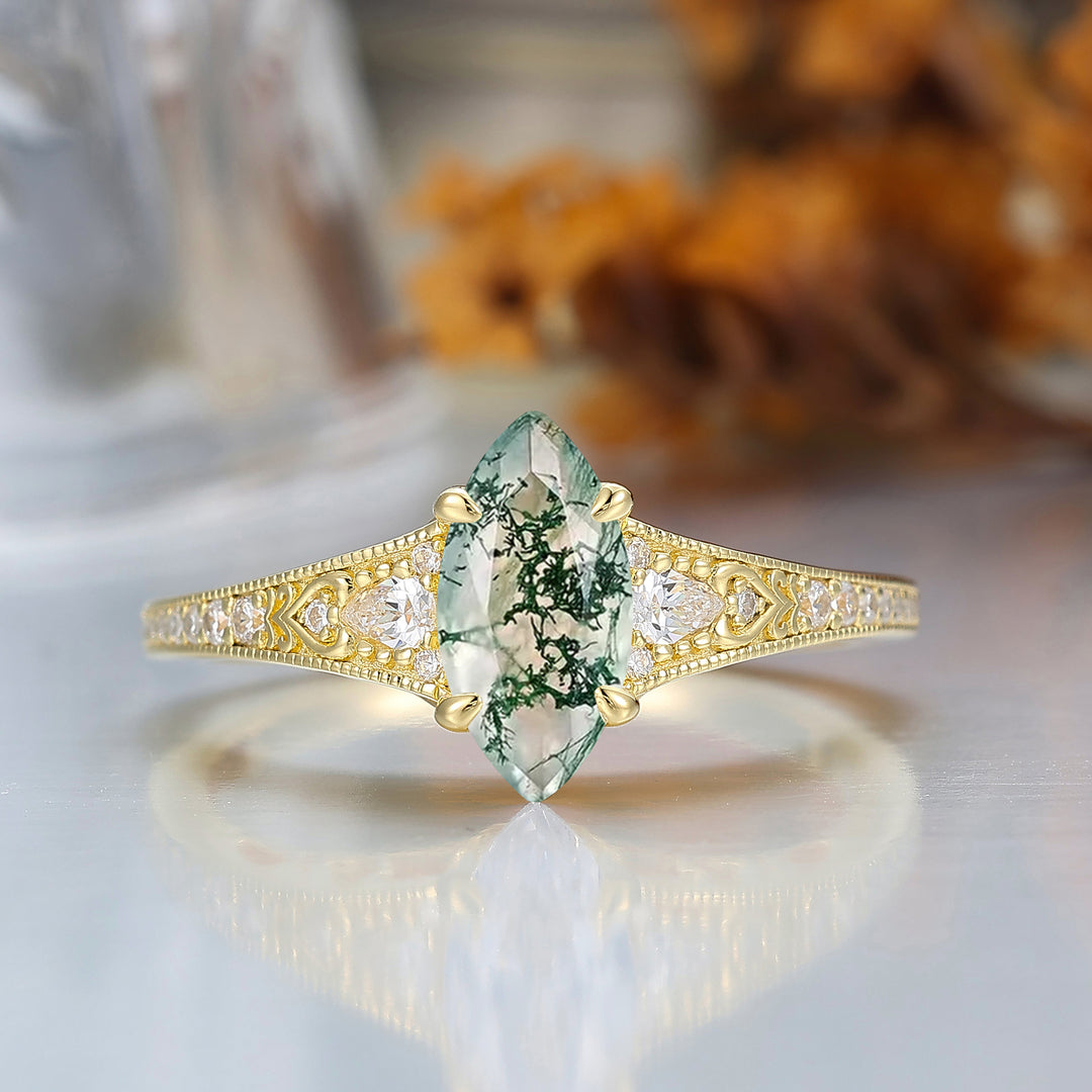 Vintage Marquise Cut Moss Agate Filigree Setting Ring Solid Yellow Gold Wedding Ring For Her