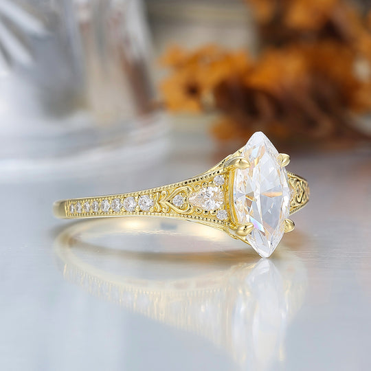 Vintage Marquise Cut Moissanite Filigree Setting Ring Solid Yellow Gold Wedding Ring For Her