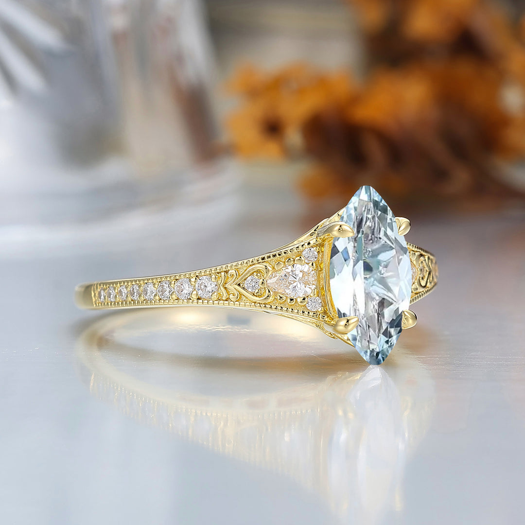 Vintage Marquise Cut Aquamarine Filigree Setting Ring Solid Yellow Gold Wedding Ring
