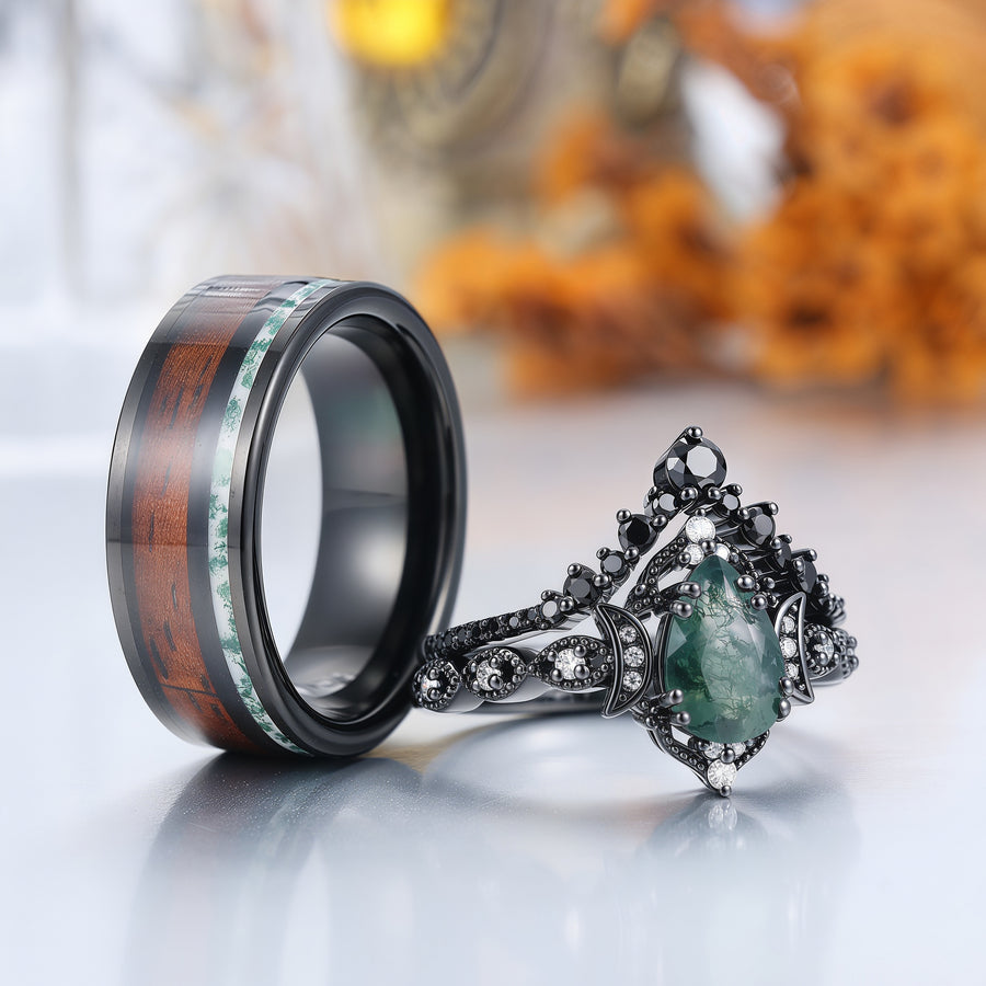 Vintage Black Plated Natural Moss Agate Pear Black Obsidian Couples Ring Set -  Esdomera.com