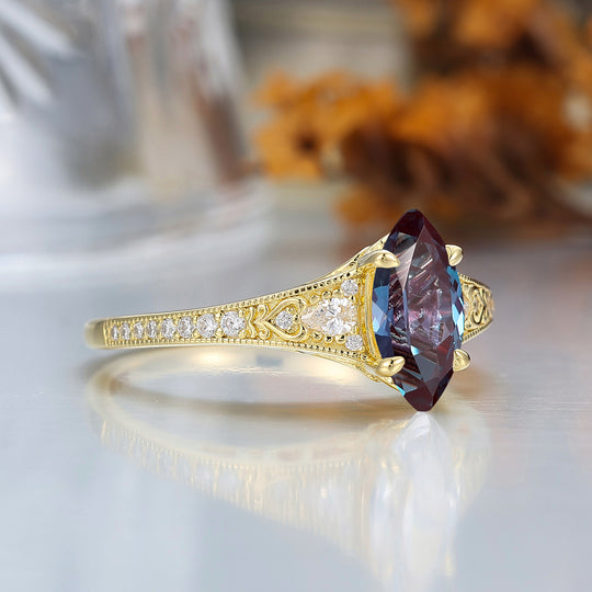 Vintage Marquise Cut Alexandrite Filigree Setting Ring Solid Yellow Gold Wedding Ring For Her
