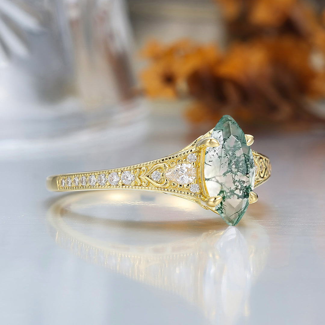 Vintage Marquise Cut Moss Agate Filigree Setting Ring Solid Yellow Gold Wedding Ring For Her