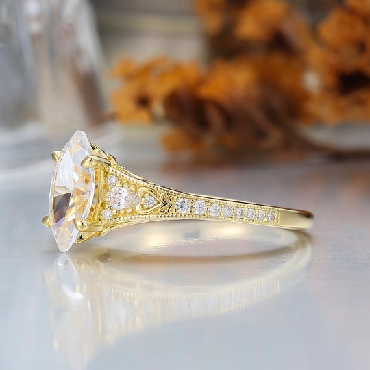 Vintage Marquise Cut Moissanite Filigree Setting Ring Solid Yellow Gold Wedding Ring For Her