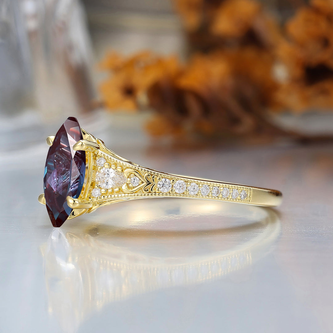 Vintage Marquise Cut Alexandrite Filigree Setting Ring Solid Yellow Gold Wedding Ring For Her