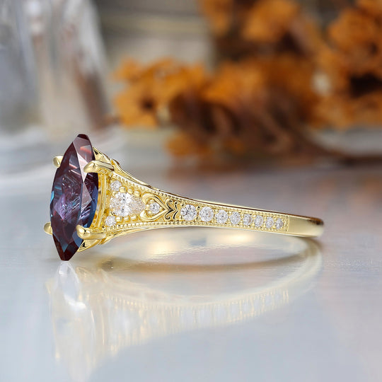 Vintage Marquise Cut Alexandrite Filigree Setting Ring Solid Yellow Gold Wedding Ring For Her