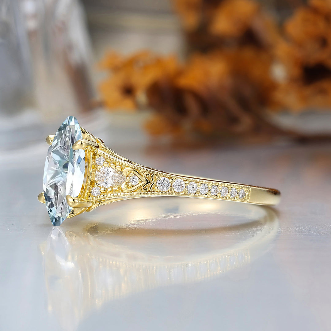 Vintage Marquise Cut Aquamarine Filigree Setting Ring Solid Yellow Gold Wedding Ring