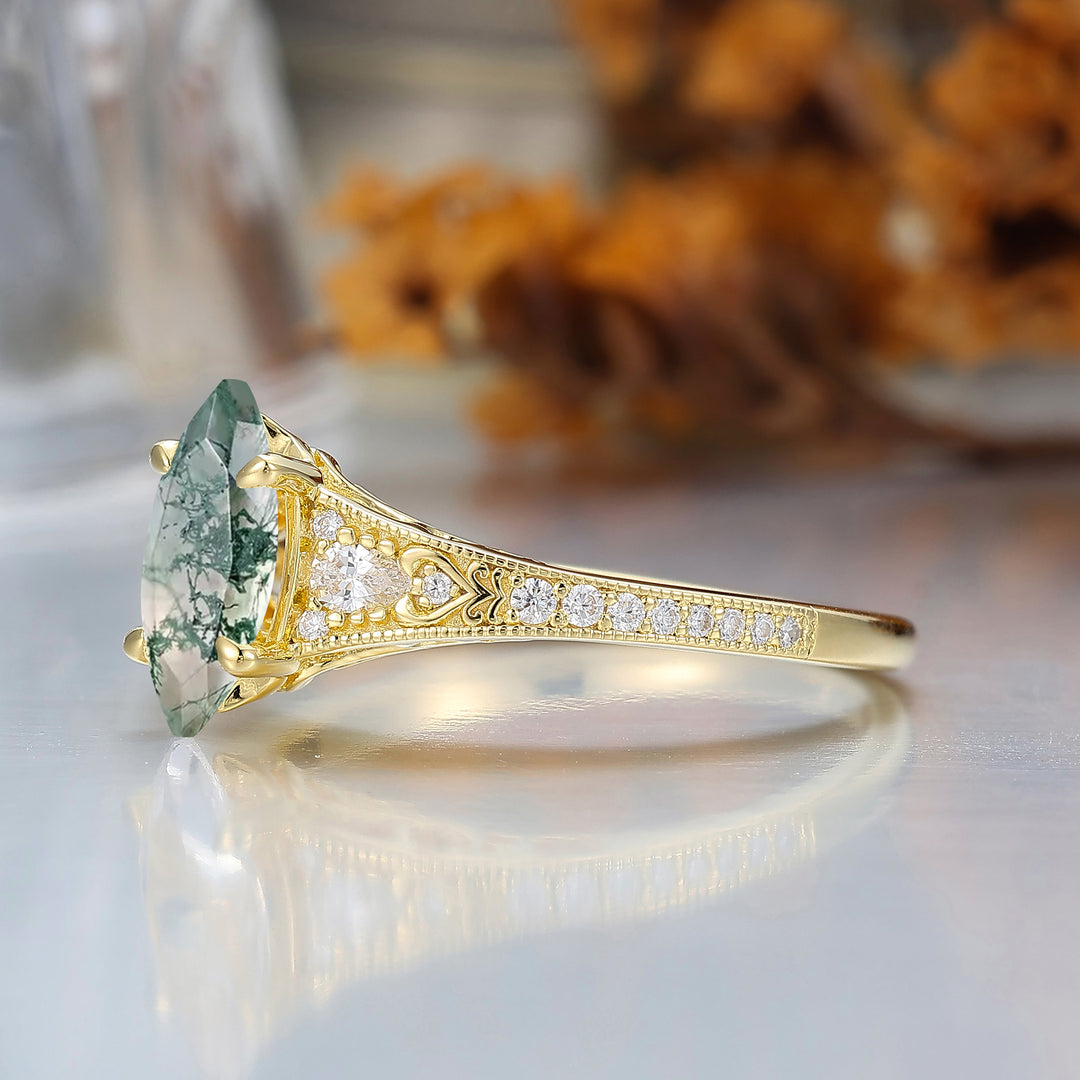 Vintage Marquise Cut Moss Agate Filigree Setting Ring Solid Yellow Gold Wedding Ring For Her