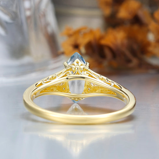 Vintage Marquise Cut Aquamarine Filigree Setting Ring Solid Yellow Gold Wedding Ring