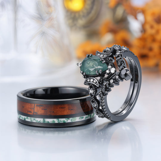 Vintage Black Plated Natural Moss Agate Pear Black Obsidian Couples Ring Set -  Esdomera.com